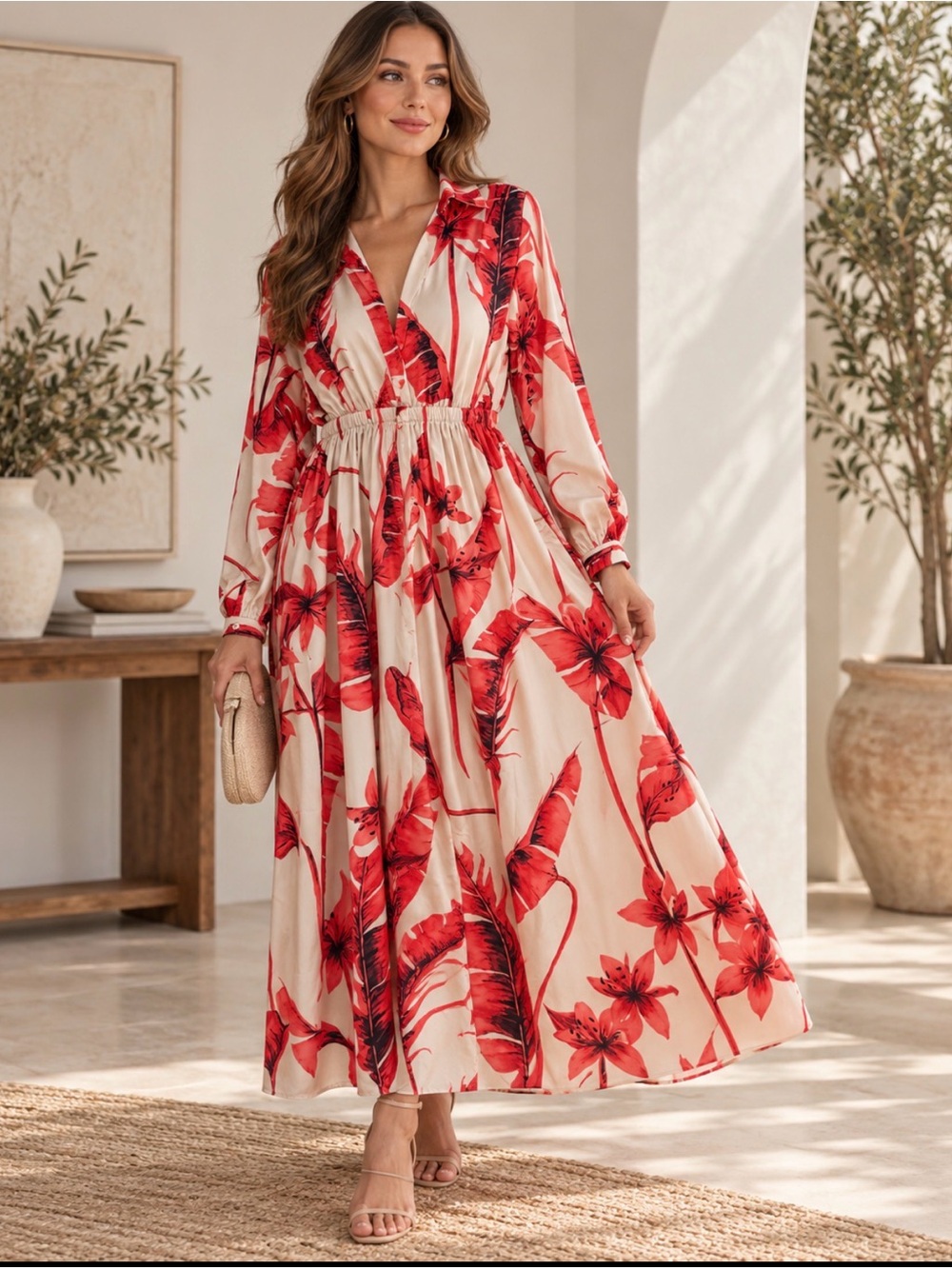 Red Floral Long Sleeve V-Neck Maxi Dress